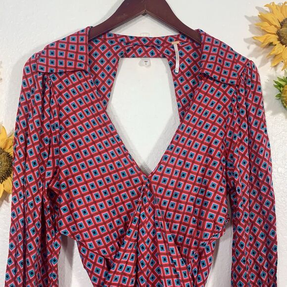 Free People Red Pink Blue Black Open Back Mini Dress Size Medium - Picture 5 of 14